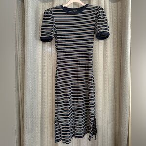 Striped Navy Midi Dress with Puff Sleeves